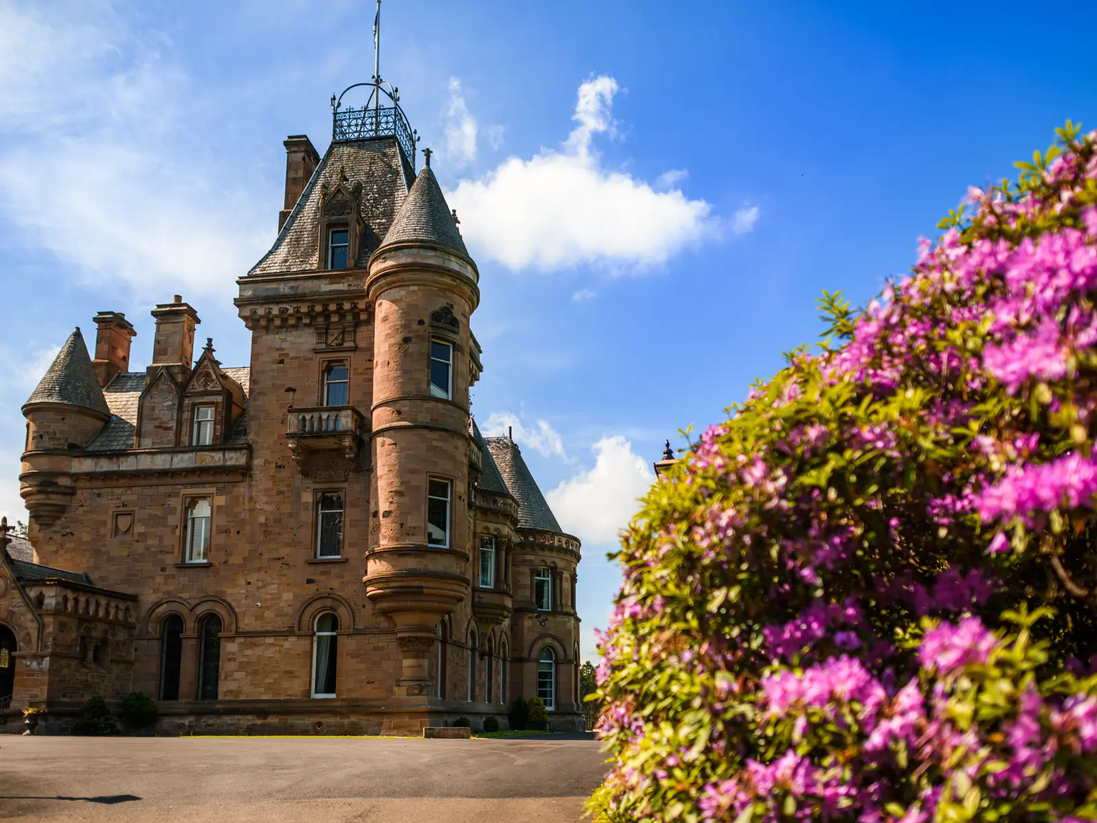 Cornhill Castle and its turrets framed by spring flowers